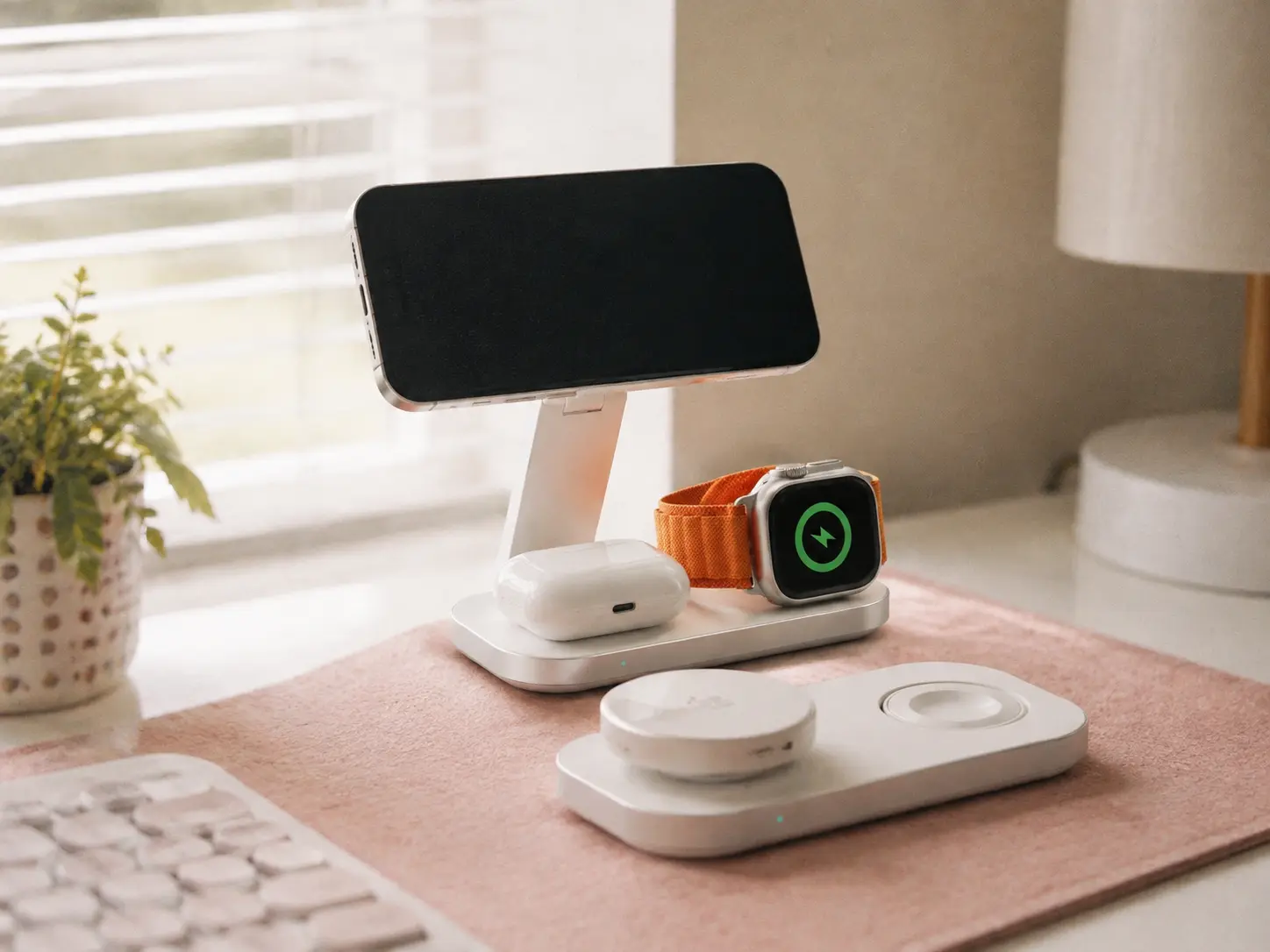 Minimalist white magnetic charging tree stand on a clean white desk setup