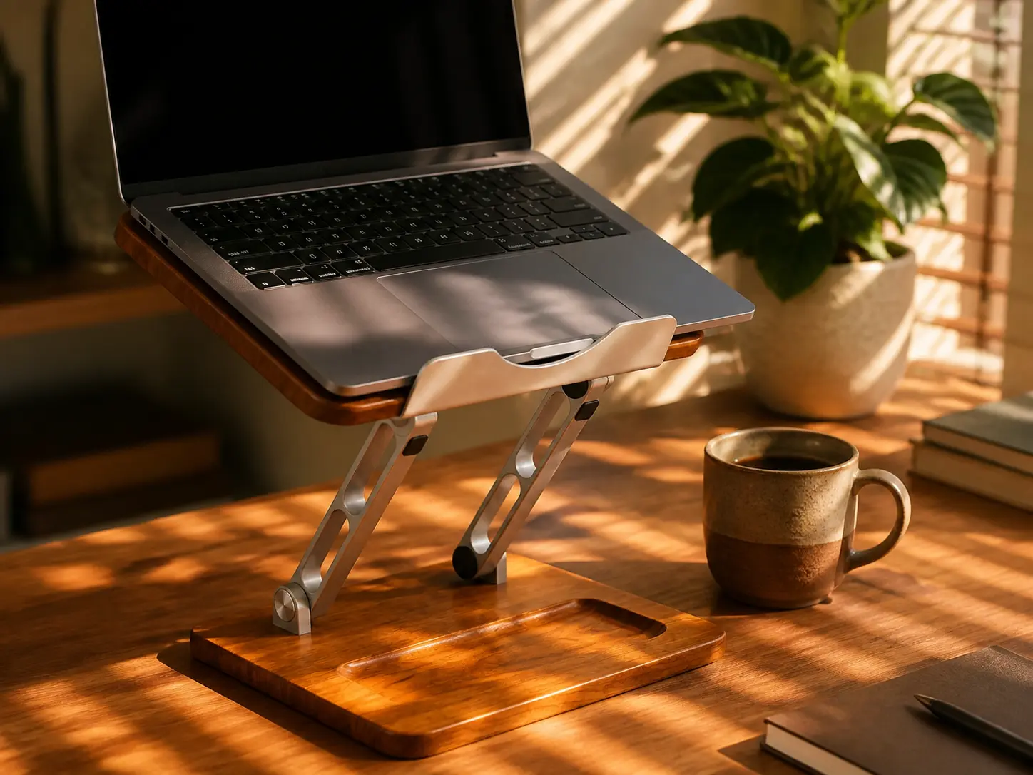 Premium wooden laptop stand on a cozy aesthetic wooden desk with a coffee cup