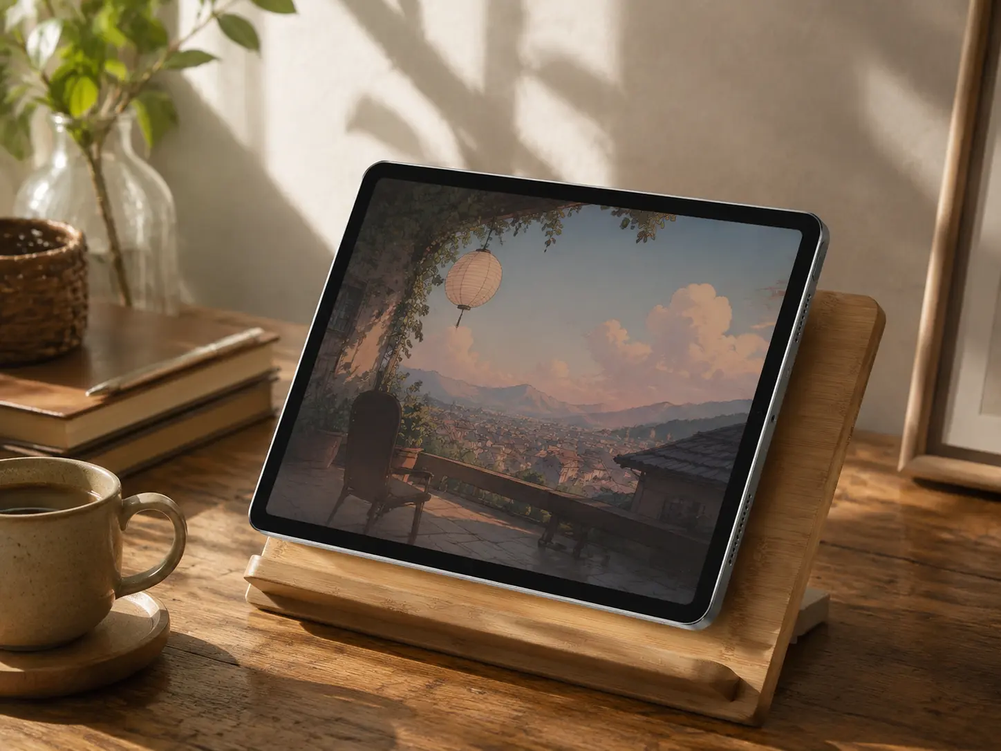 Premium wooden tablet stand with an iPad on a cozy aesthetic wooden desk