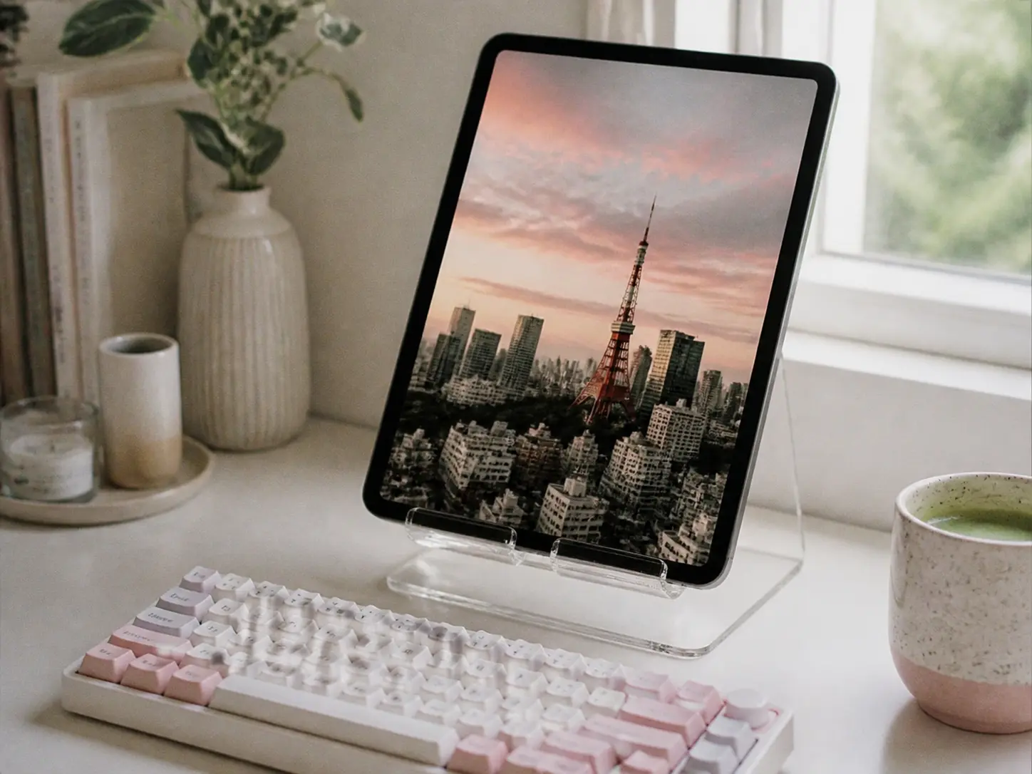 Clear acrylic tablet stand holding an iPad on a clean white desk setup