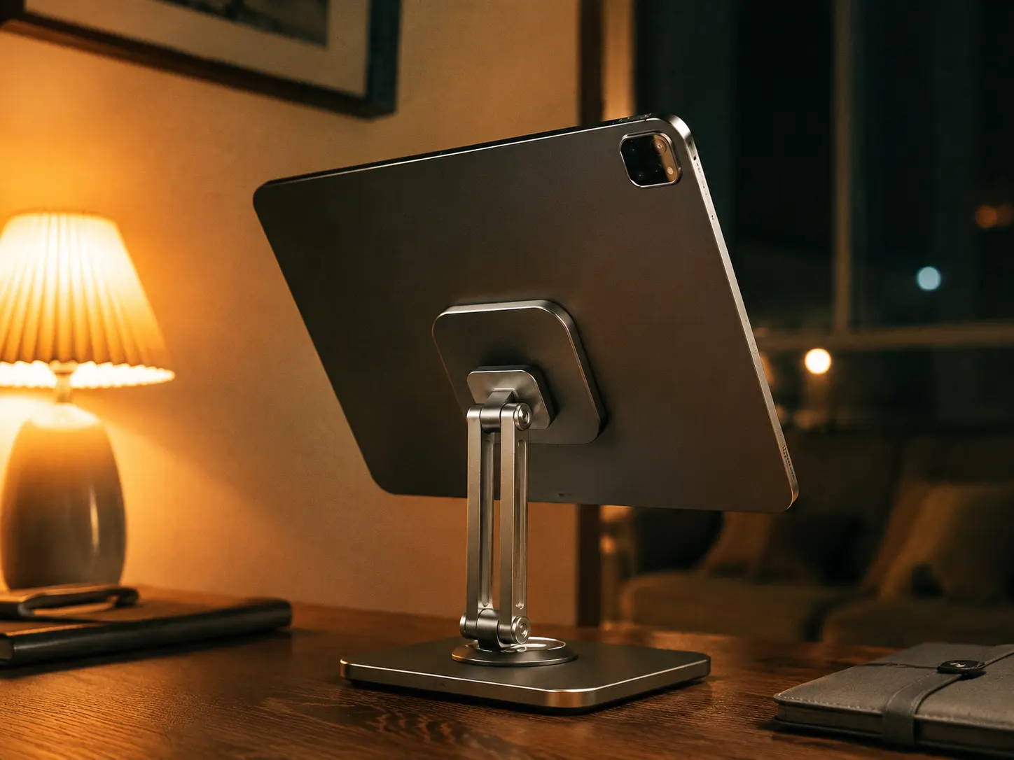 Sleek aluminum magnetic floating iPad stand on a cozy desk