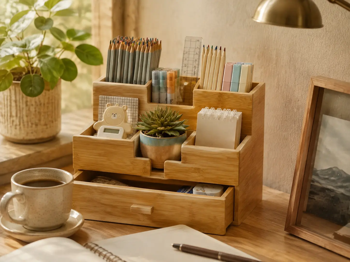 Premium wooden desk organizer drawer on a cozy aesthetic wooden desk with coffee