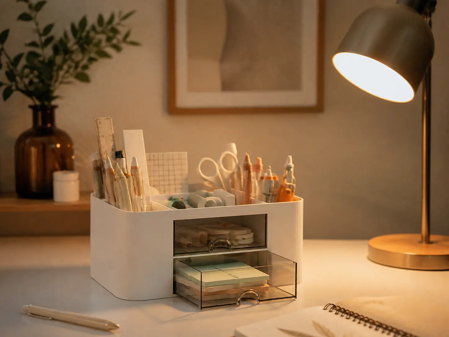 Sleek minimalist white desk organizer caddy with aesthetic pens under amber light
