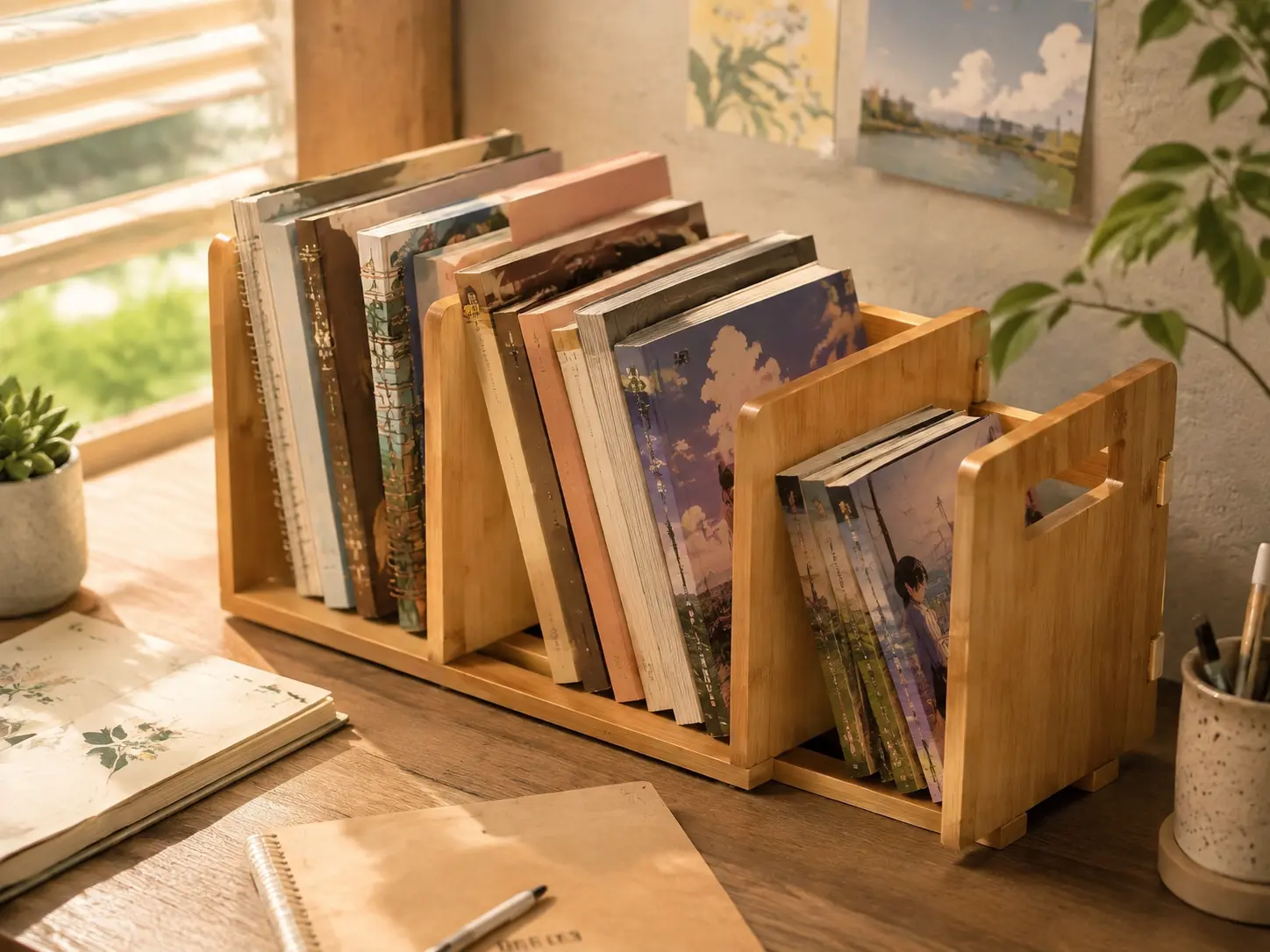 Expandable wooden desktop bookshelf on a cozy aesthetic wooden desk with natural sunlight