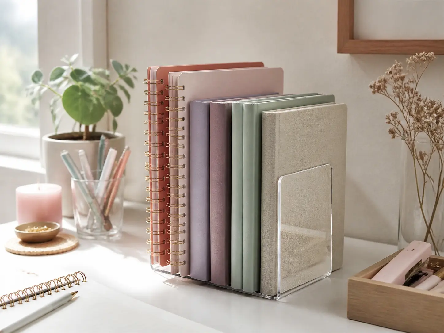 Clear acrylic desktop bookends holding pastel notebooks on a clean white desk setup