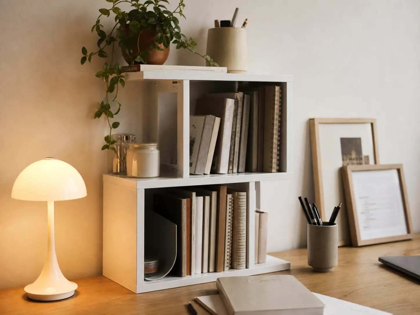 Minimalist white metal desktop bookshelf holding books under warm amber light