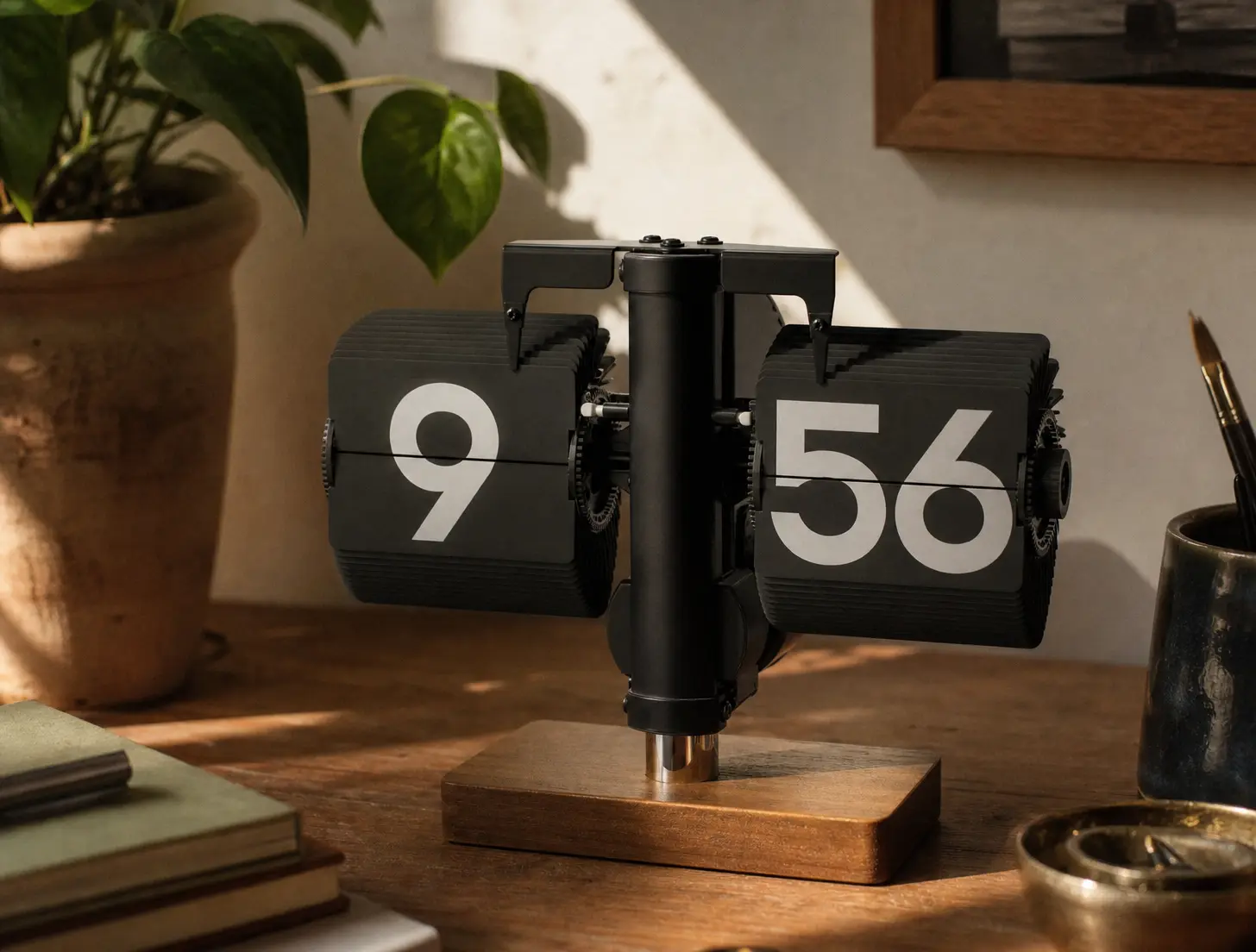 Retro mechanical flip desk clock on a cozy aesthetic wooden desk with warm morning light