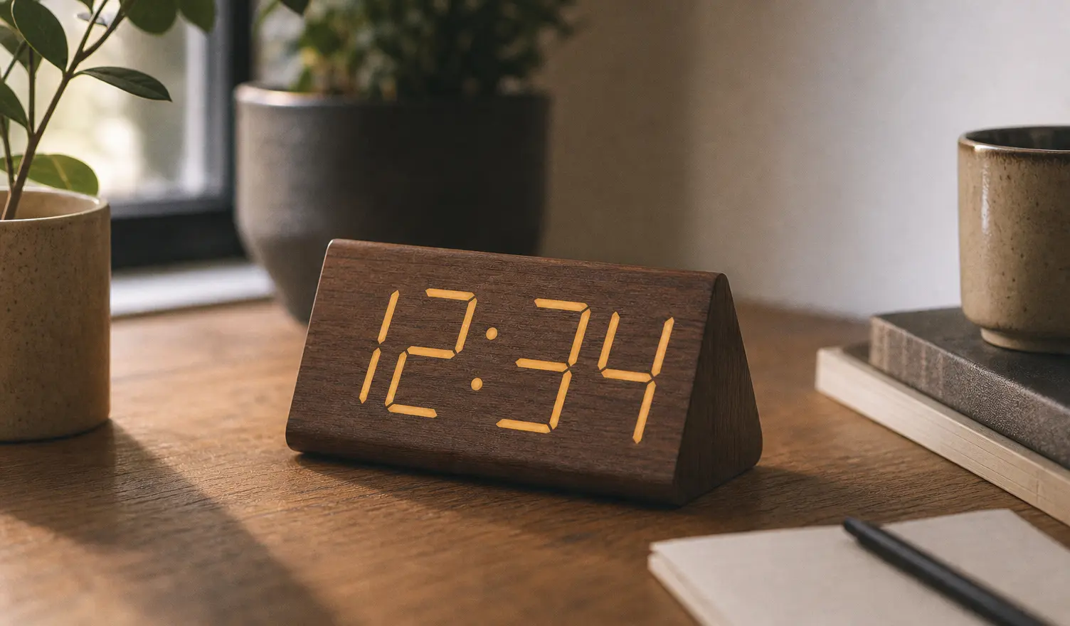 Minimalist wooden digital block clock on a clean aesthetic desk setup with soft natural light