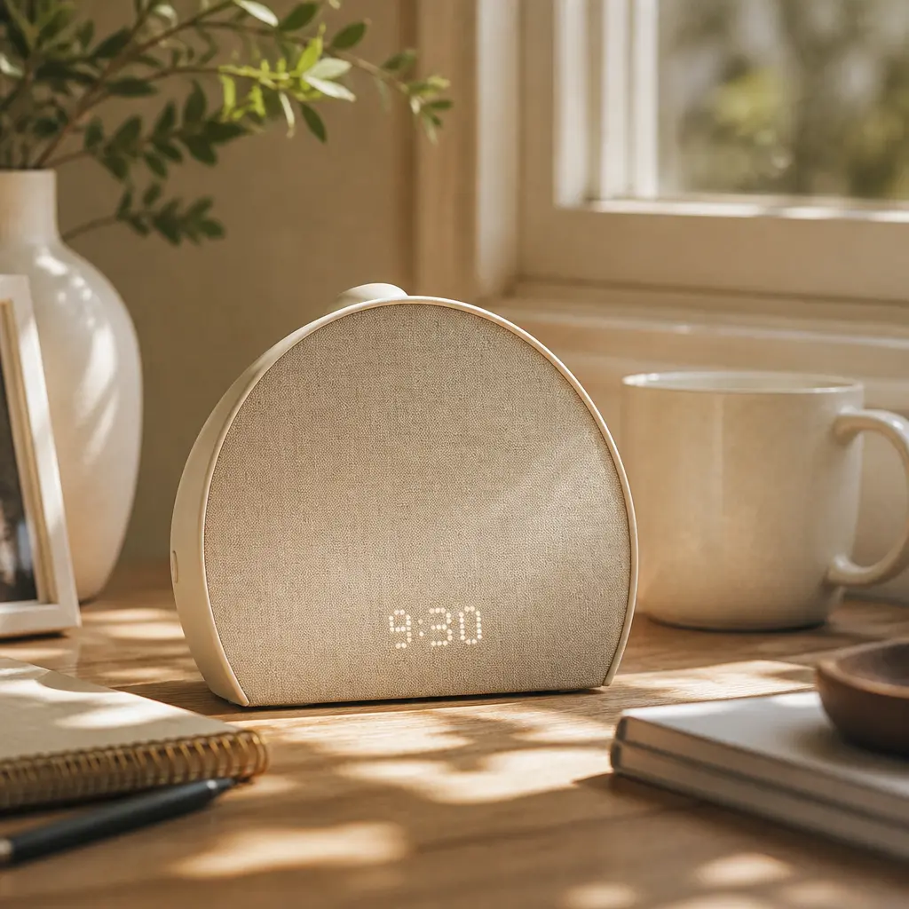 Semi-circular smart sunrise alarm clock with linen fabric front on a cozy wooden desk