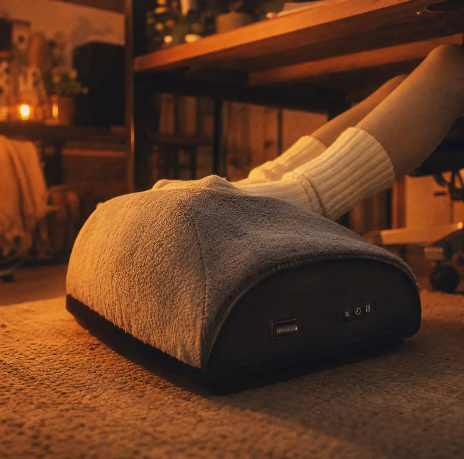 Fuzzy heated footrest warmer under a cozy desk illuminated by warm amber light