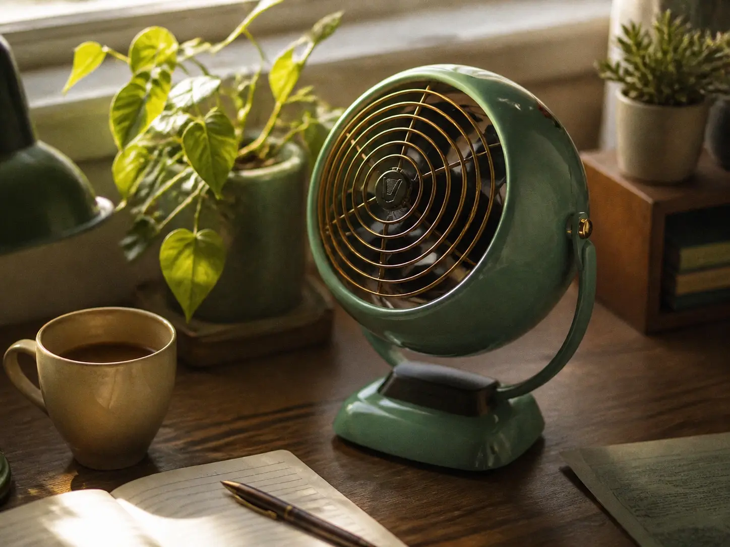Retro Metal Desk Fan in olive green on a cozy wooden desk