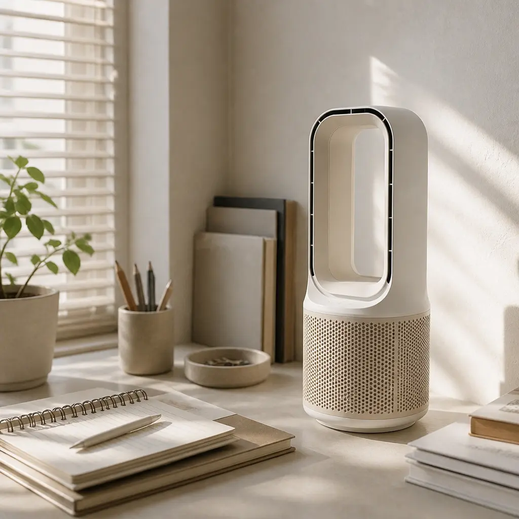 Minimalist white bladeless desk fan on a clean aesthetic desk setup