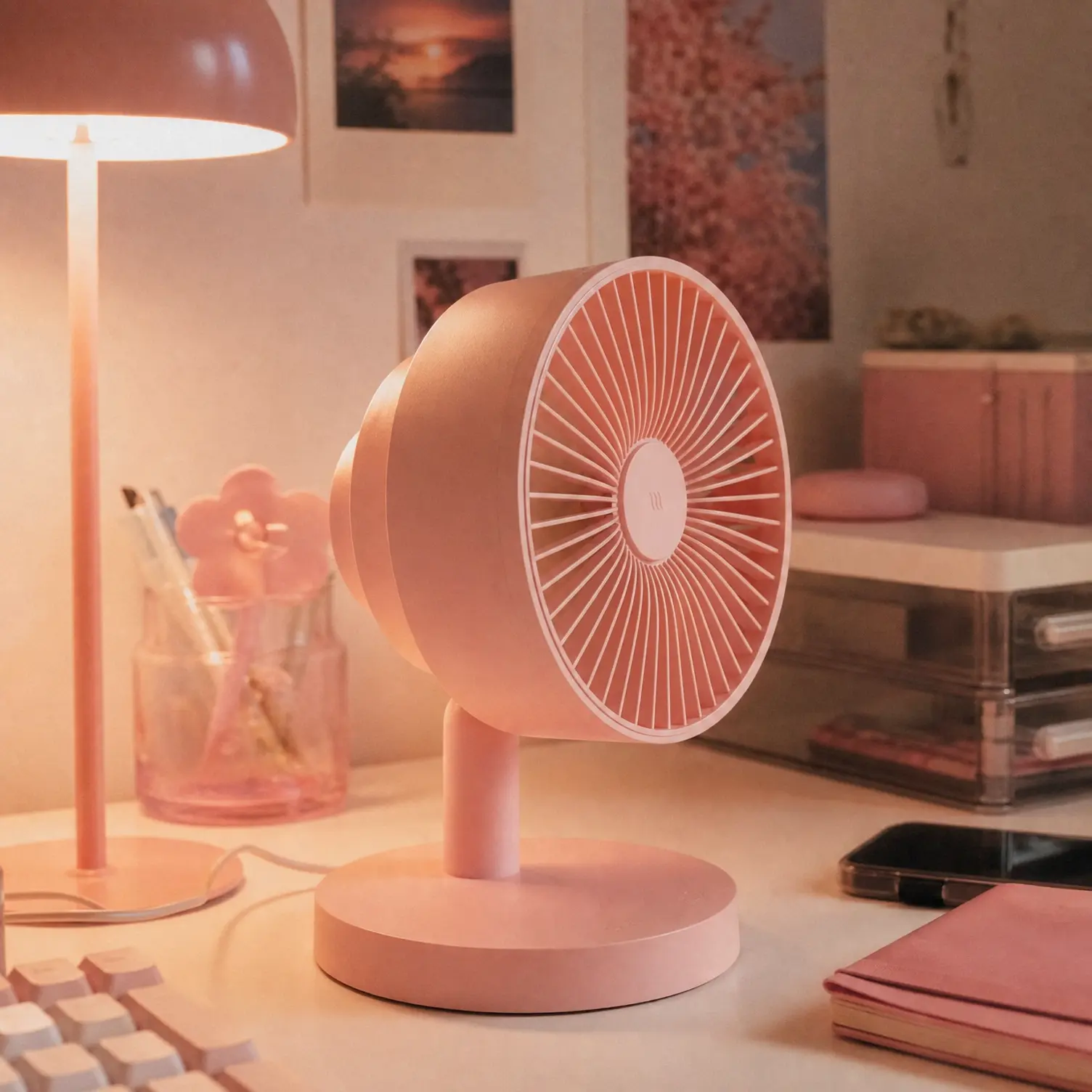 Cute pastel pink mini desk fan on a cozy aesthetic desk setup