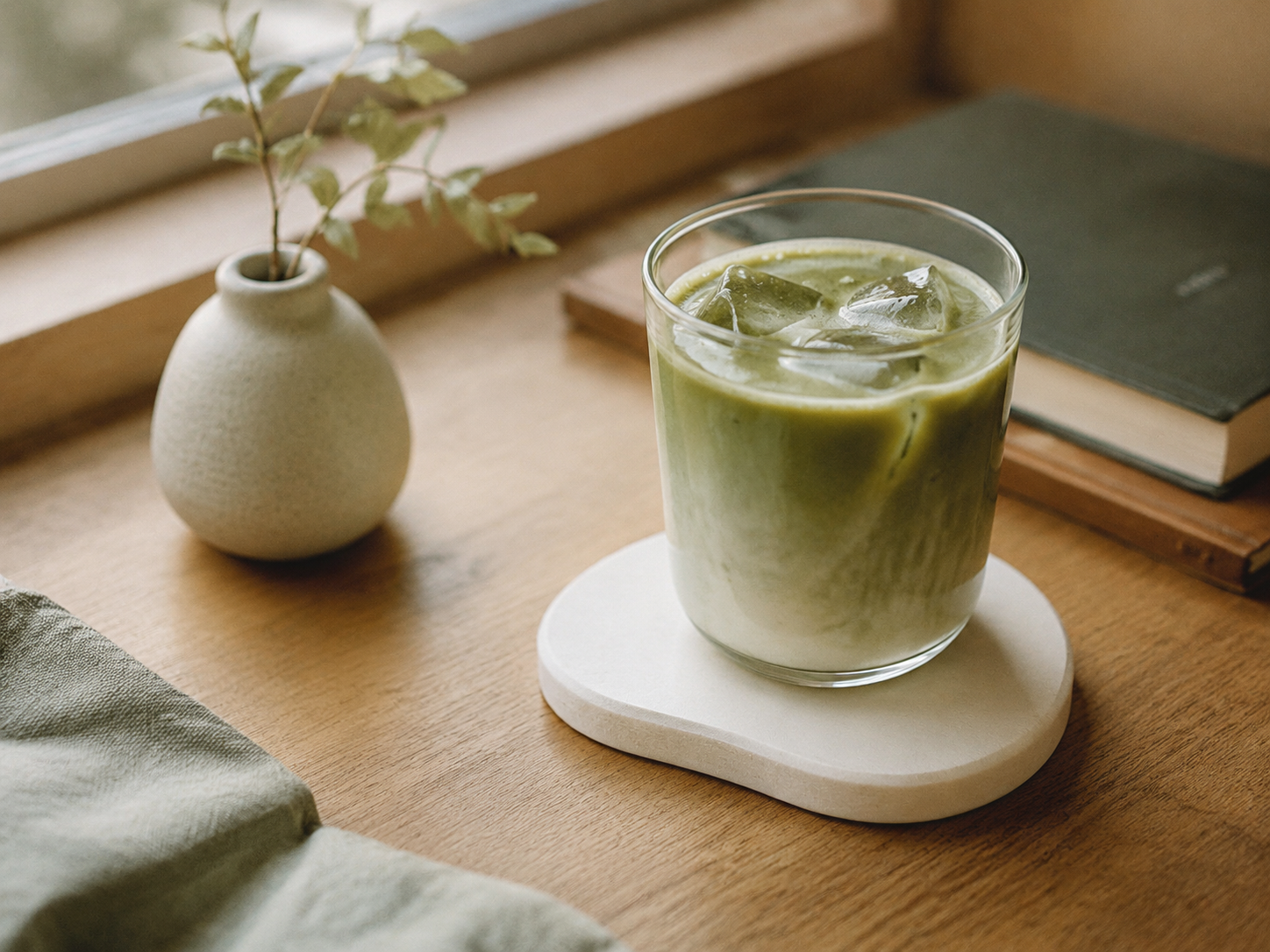 Minimalist white diatomite stone coaster with a glass of iced matcha latte on an aesthetic wooden desk