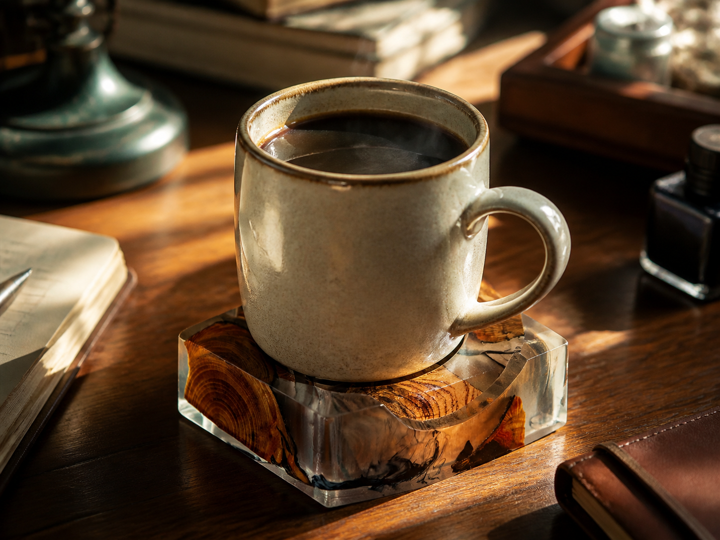 Vintage walnut wood and clear resin coaster with a hot coffee mug on a cozy desk setup