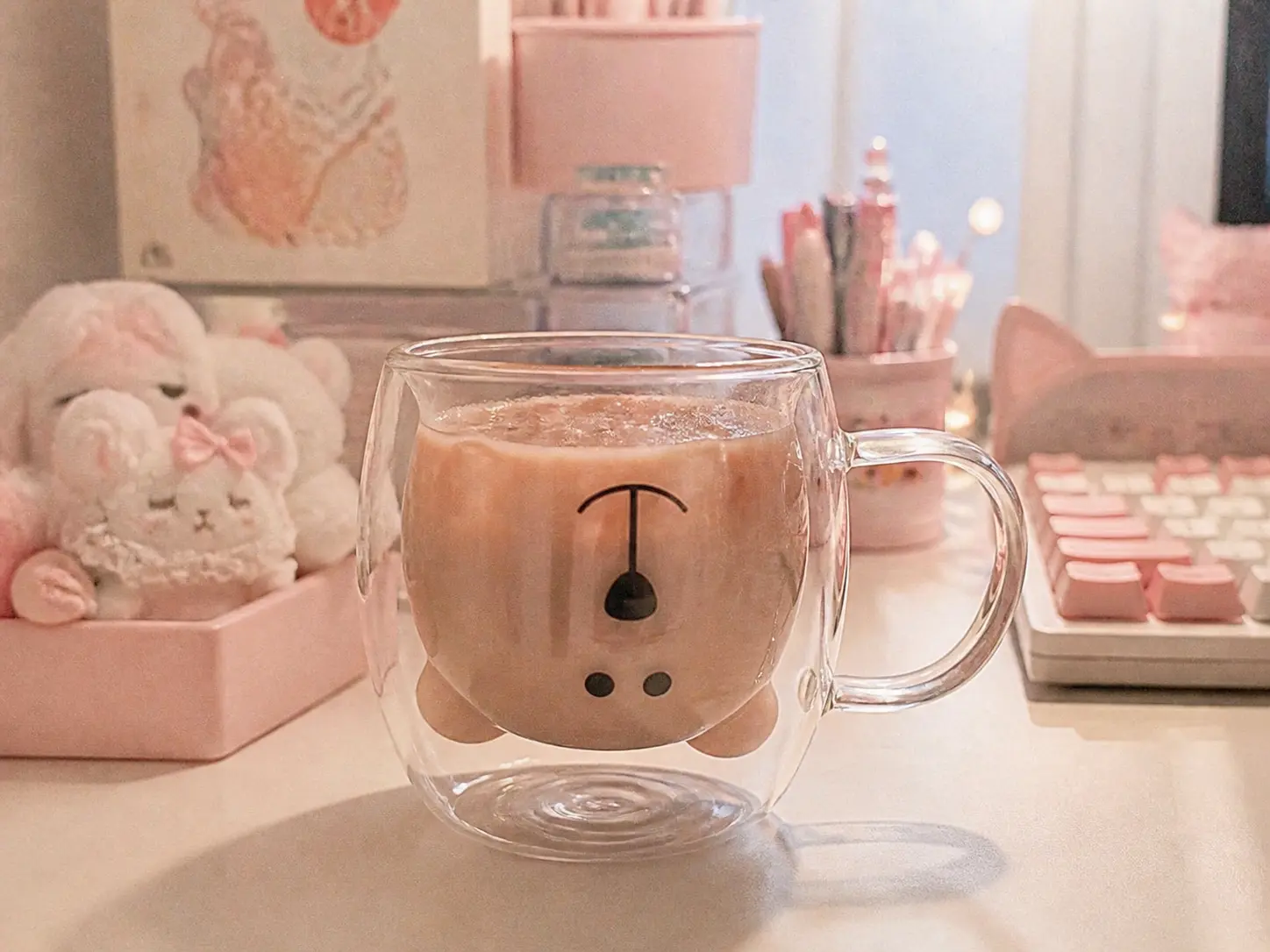 Kawaii double wall glass shaped like a cute bear filled with iced milk tea