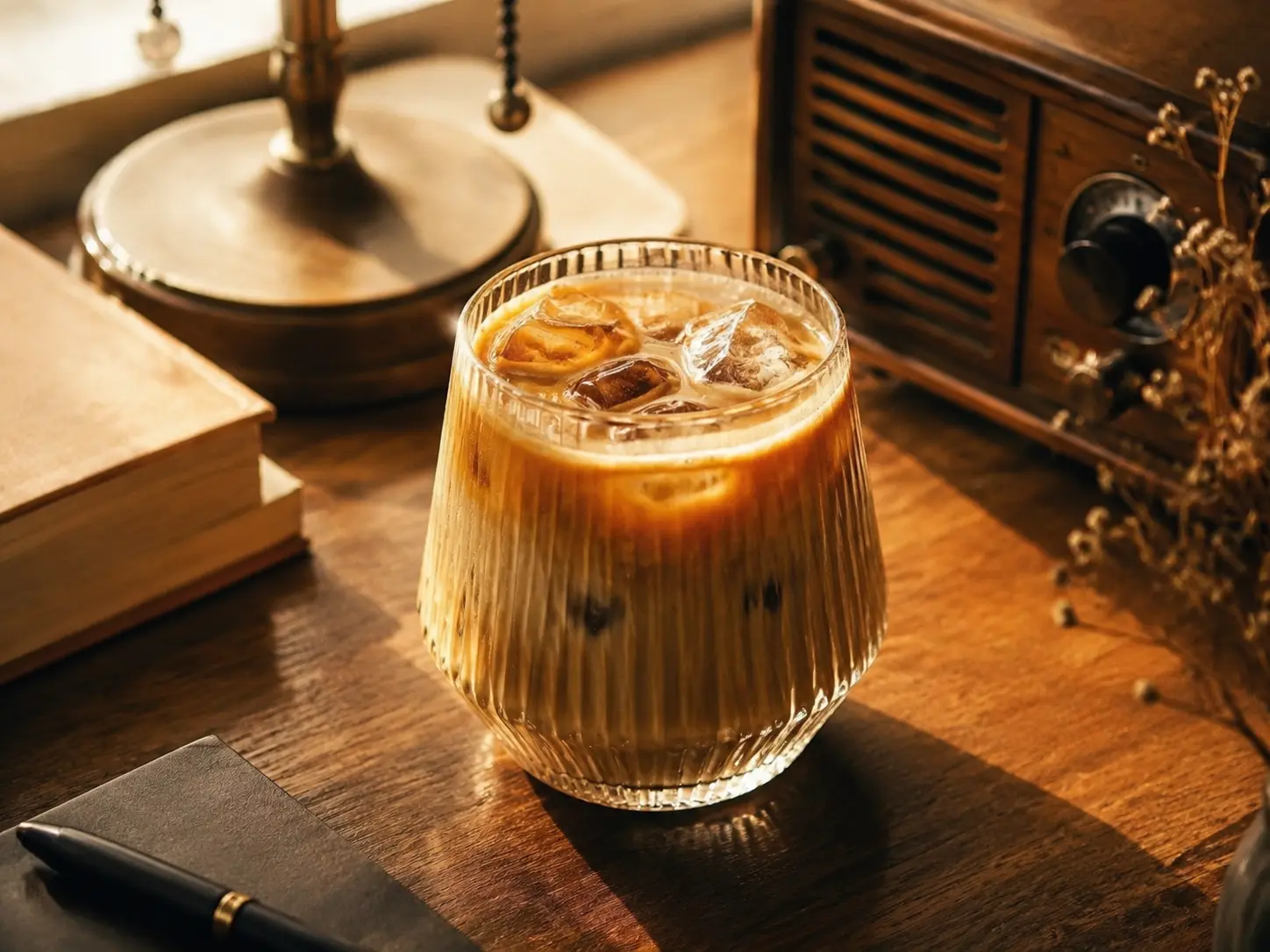 Vintage ribbed origami glass filled with iced coffee on a retro walnut wood desk