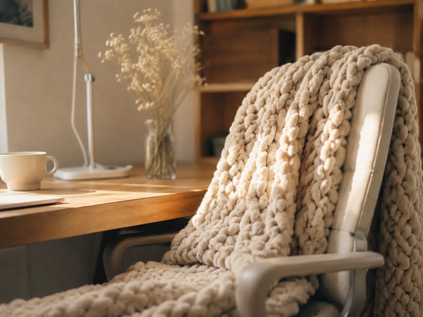 Cozy neutral chunky knit throw blanket draped over an aesthetic ergonomic desk chair