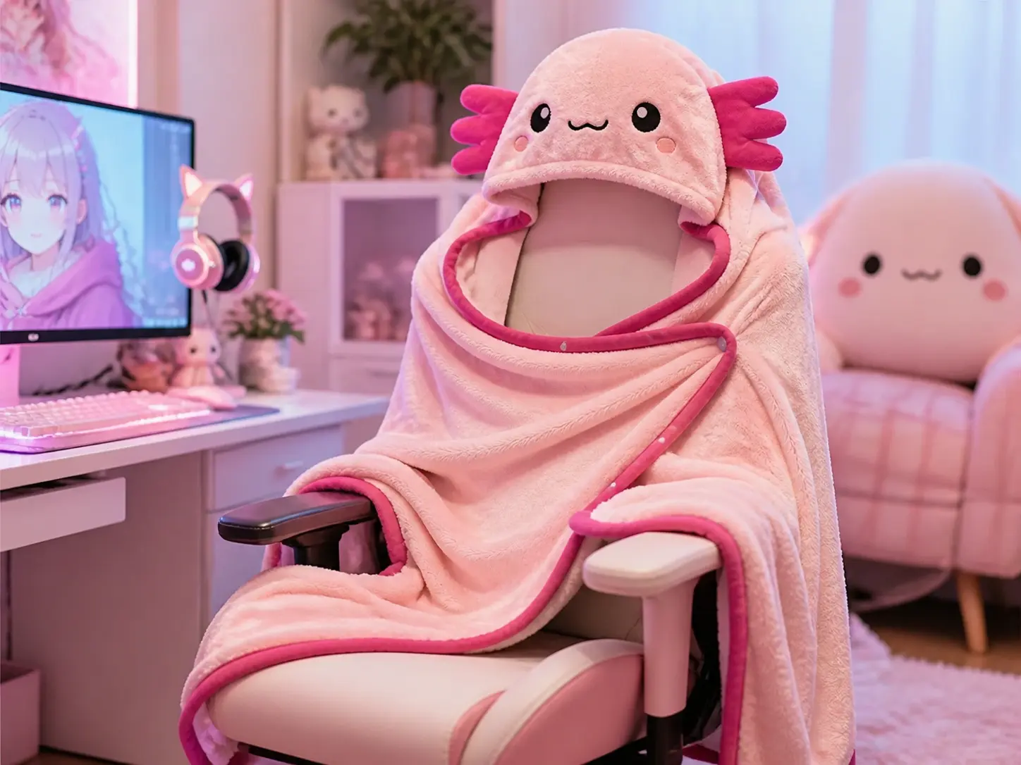 Kawaii fluffy pastel pink wearable blanket cape draped on a gaming chair