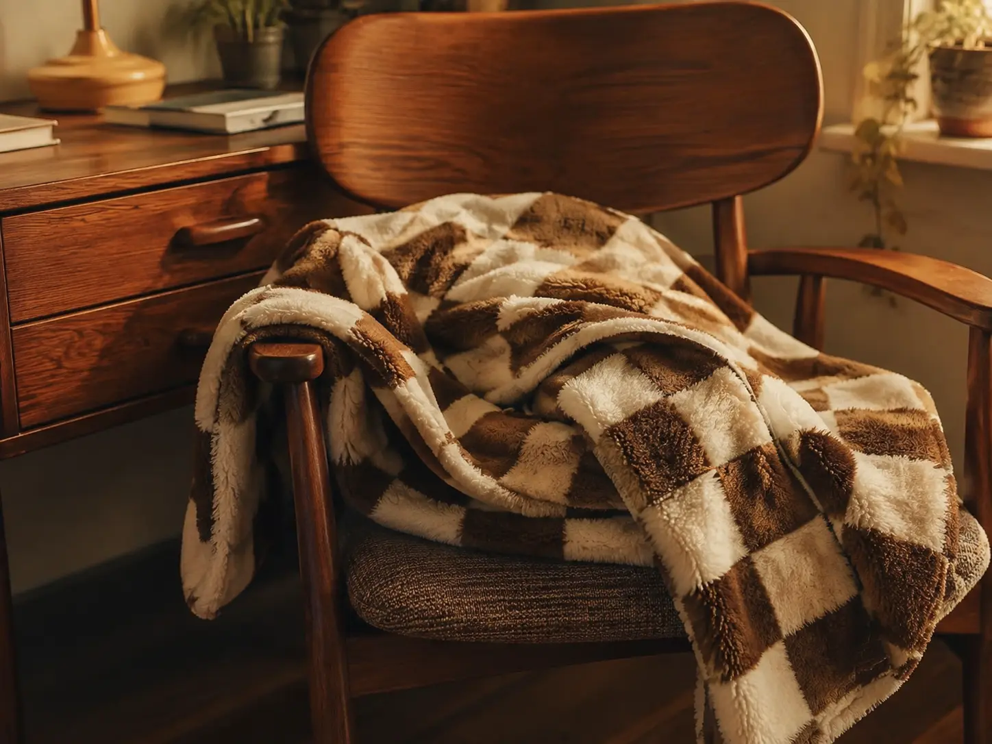 Fluffy retro brown and cream checkered throw blanket casually folded on a vintage walnut wood desk chair