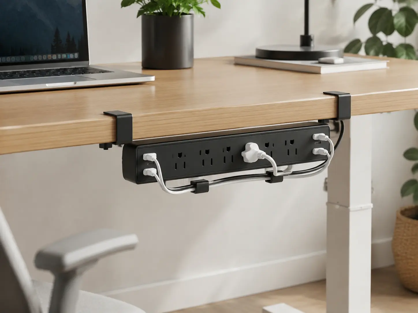 Clamp power strip mounted under desk