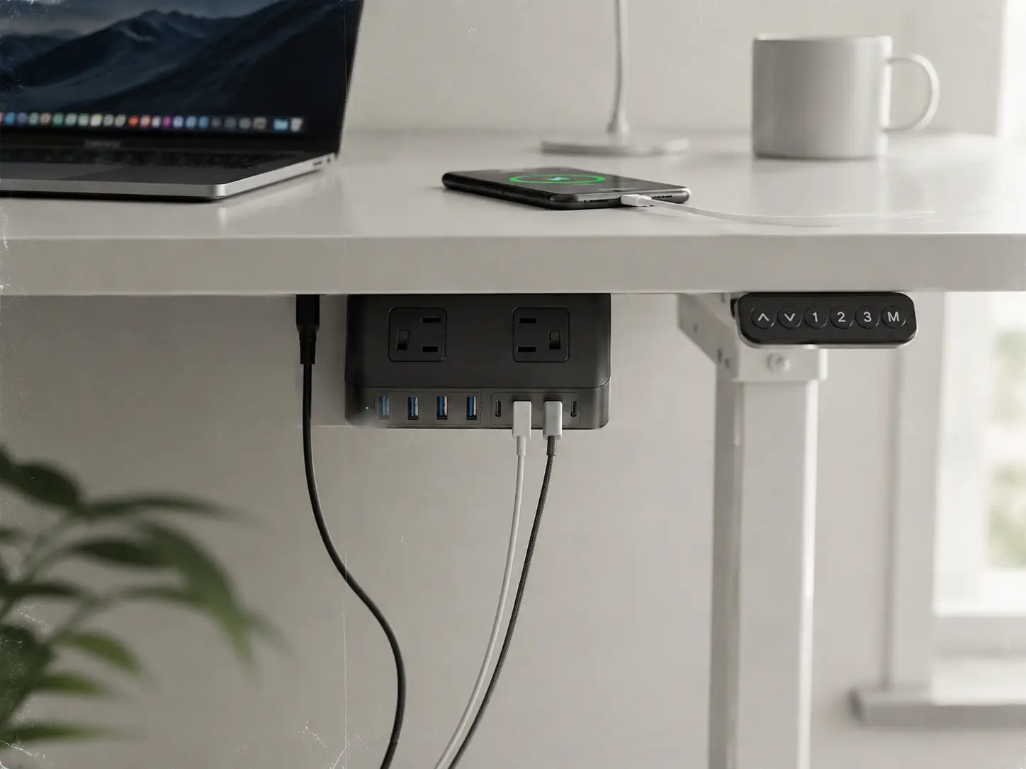 Compact USB-C power delivery strip under desk