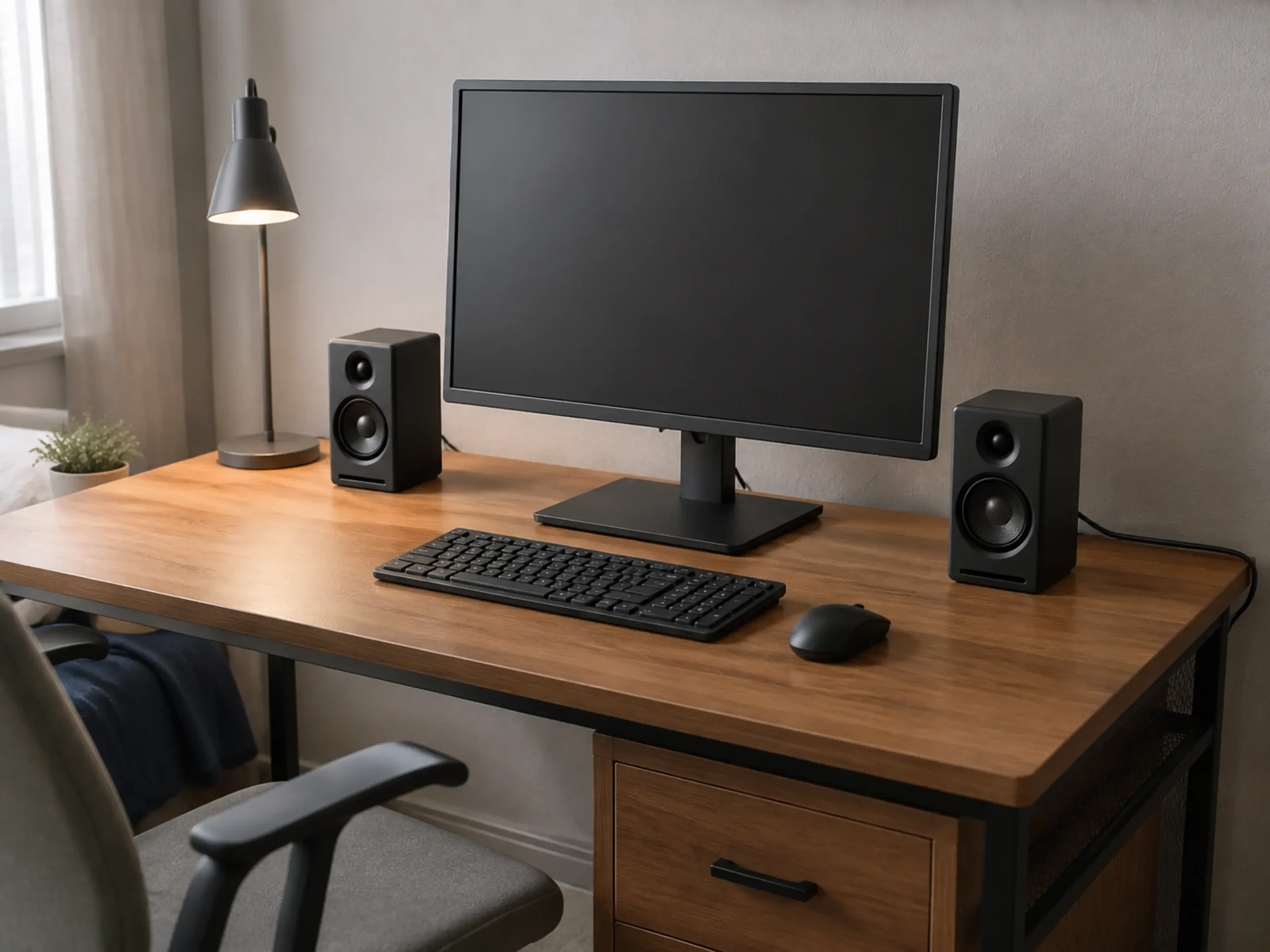 Compact black computer speakers placed on both sides of a monitor on a small desk