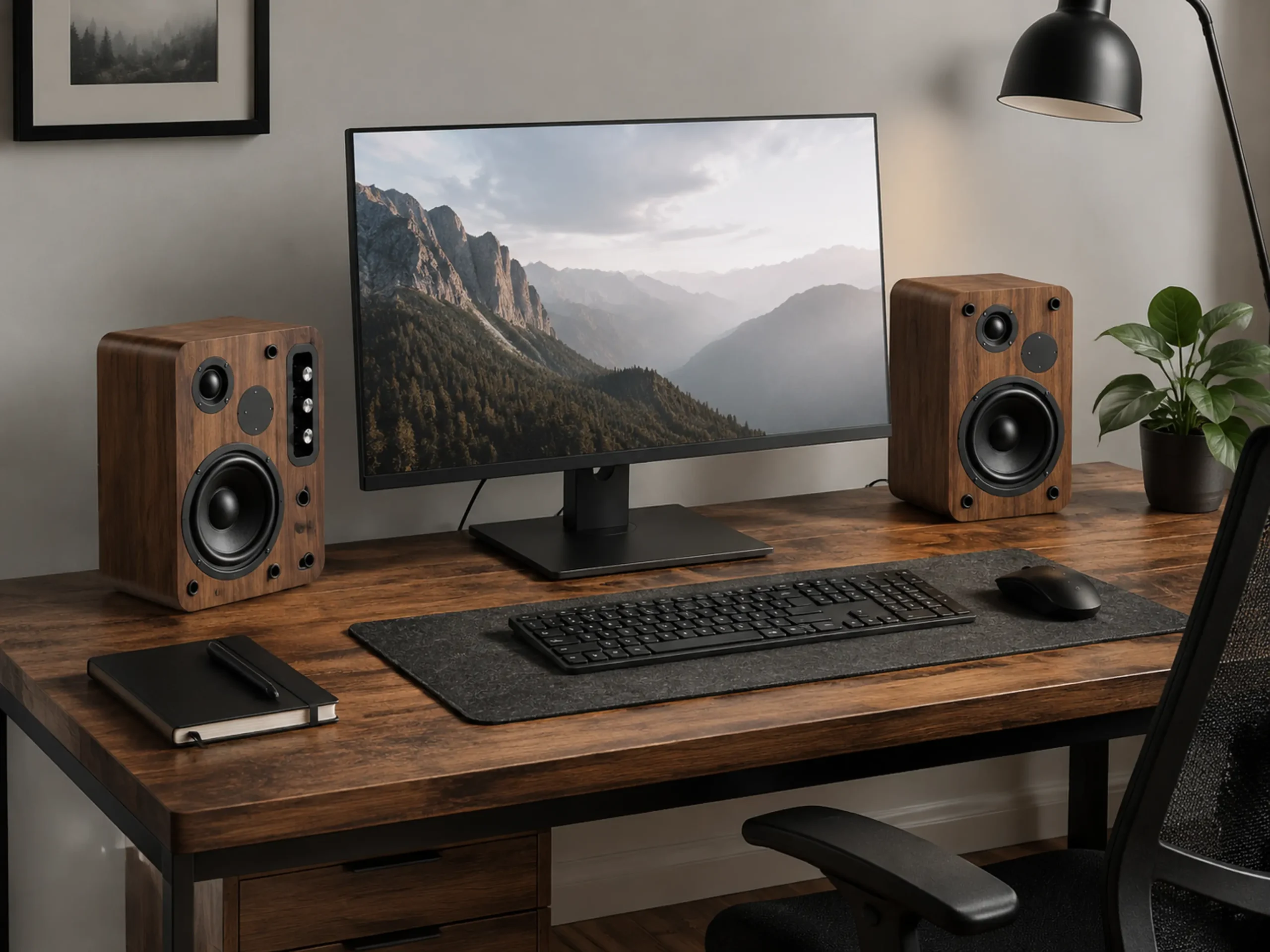 Wooden desktop speakers positioned beside a monitor in a warm audiophile desk setup