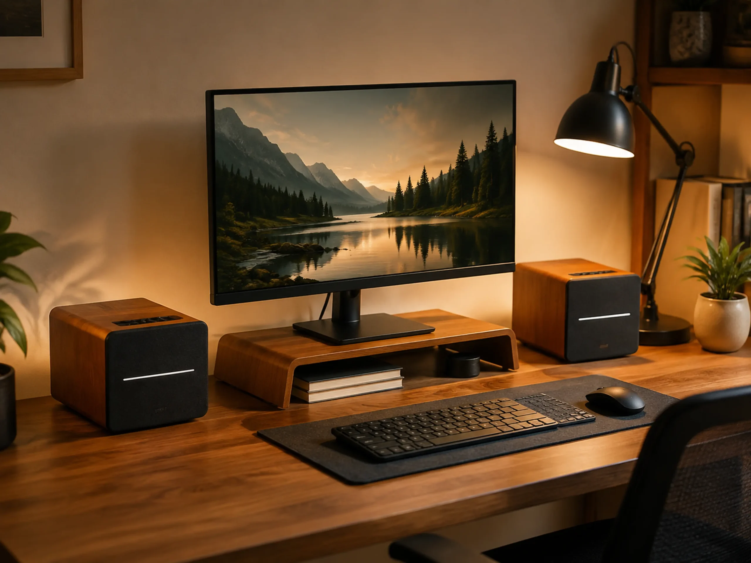 Comparison of compact and wider desktop speaker arrangements in a small room
