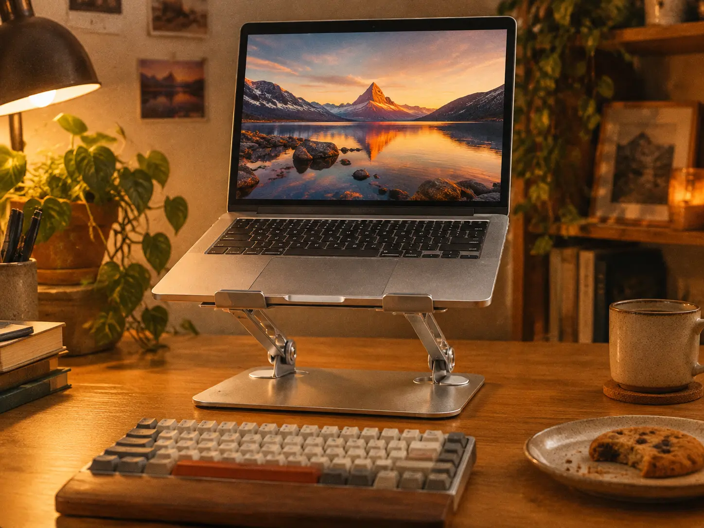 Ergonomic silver aluminum adjustable laptop stand holding a laptop on a wooden desk