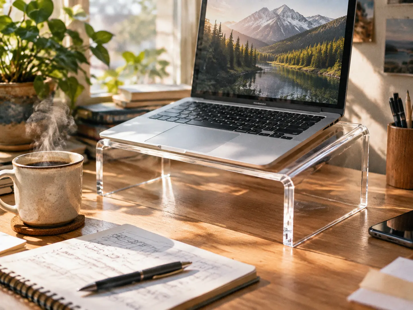Clear acrylic laptop stand holding a silver laptop with a steaming coffee cup nearby