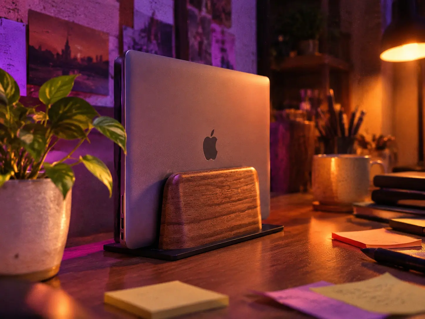 Vertical dual-slot wooden laptop stand saving space on a moody cozy desk