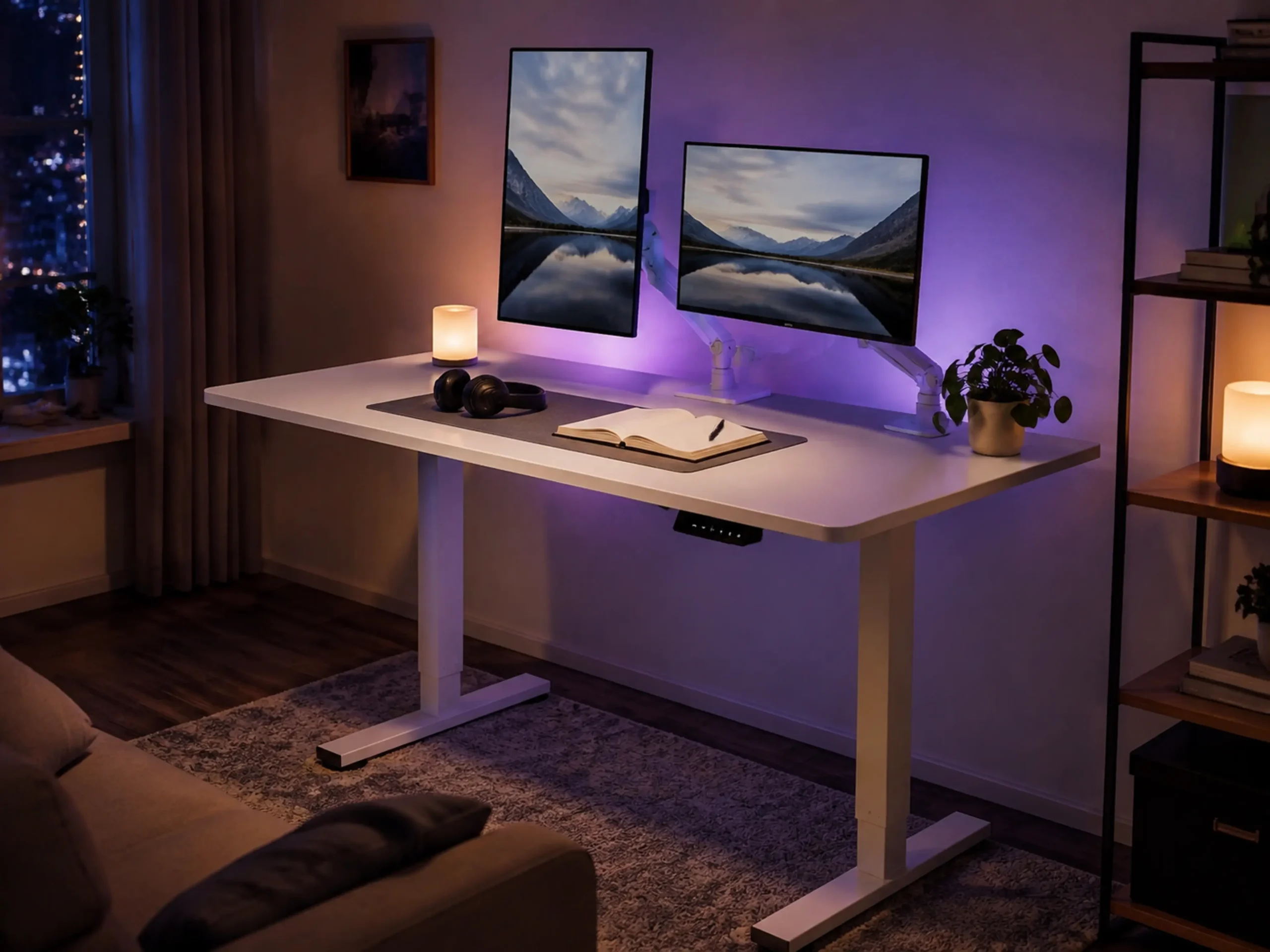 48 inch white standing desk dual monitor setup