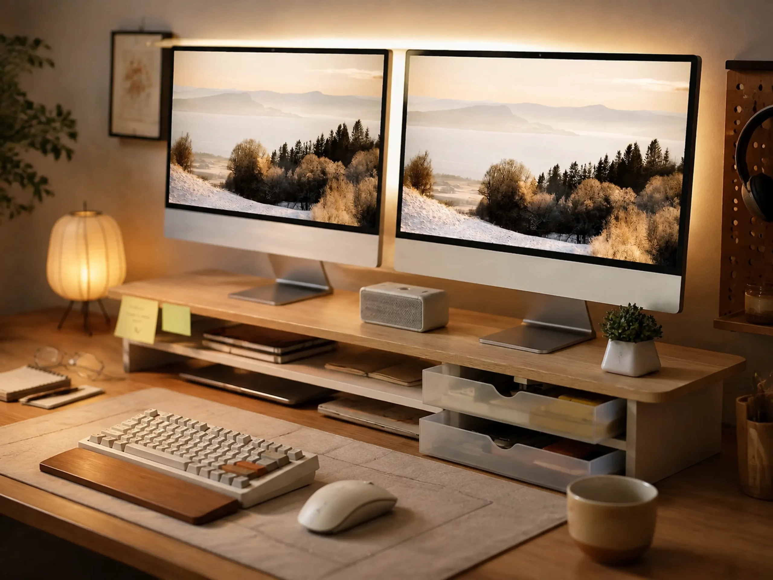 Light oak wood monitor stand with built-in storage drawers