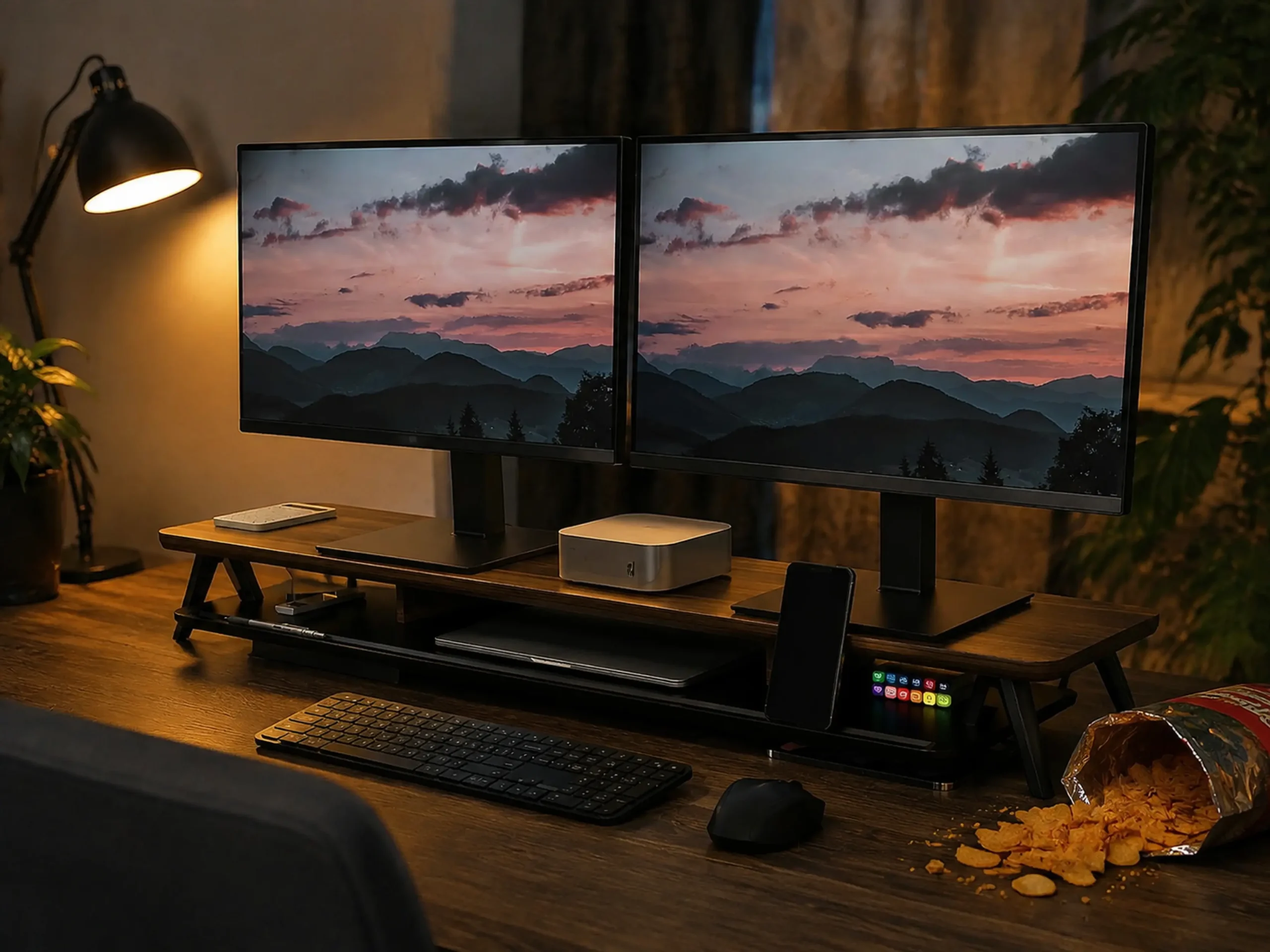 Extra long dark wood monitor stand holding dual screens