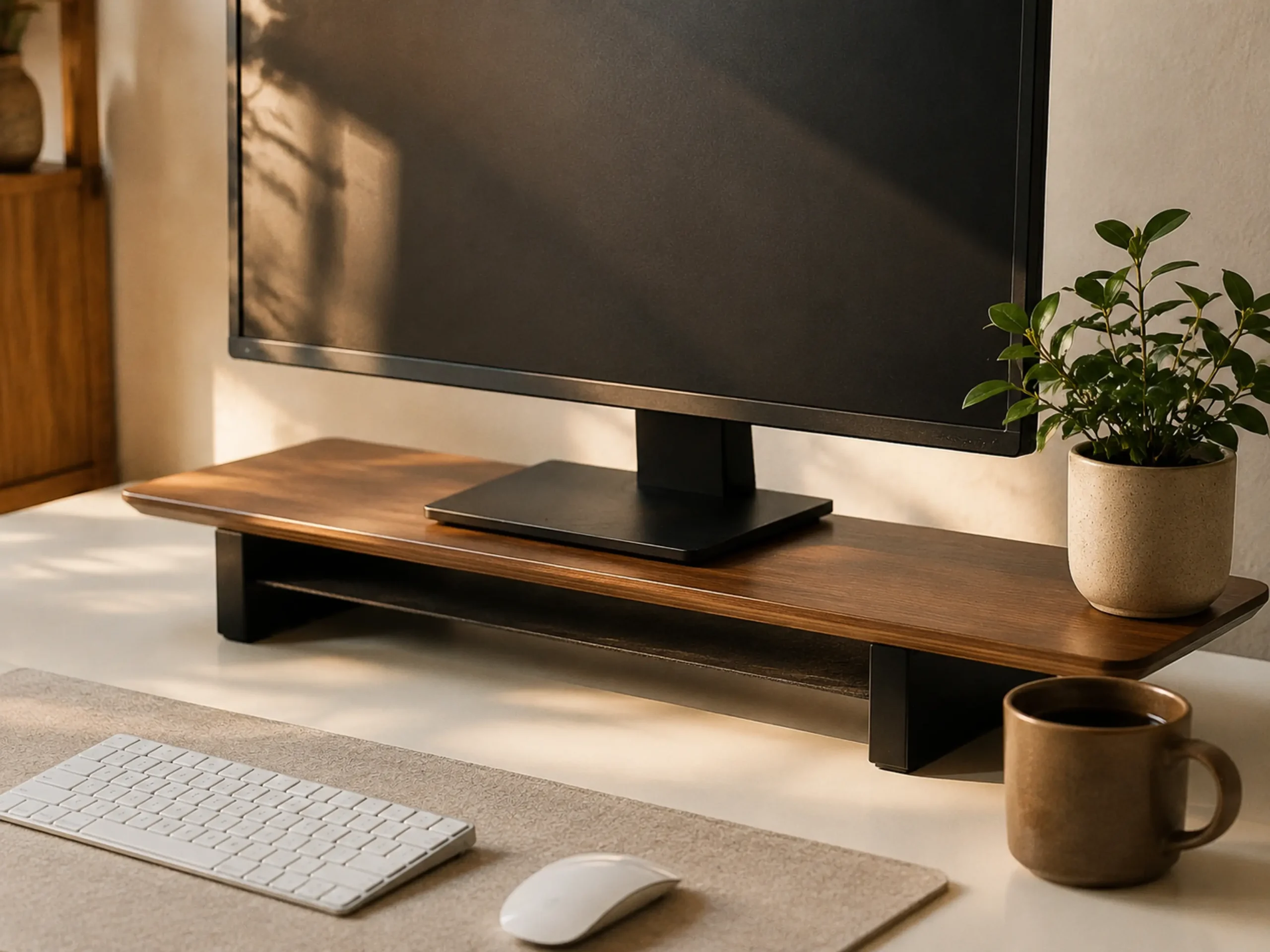 Minimalist solid walnut wood monitor stand on a cozy desk
