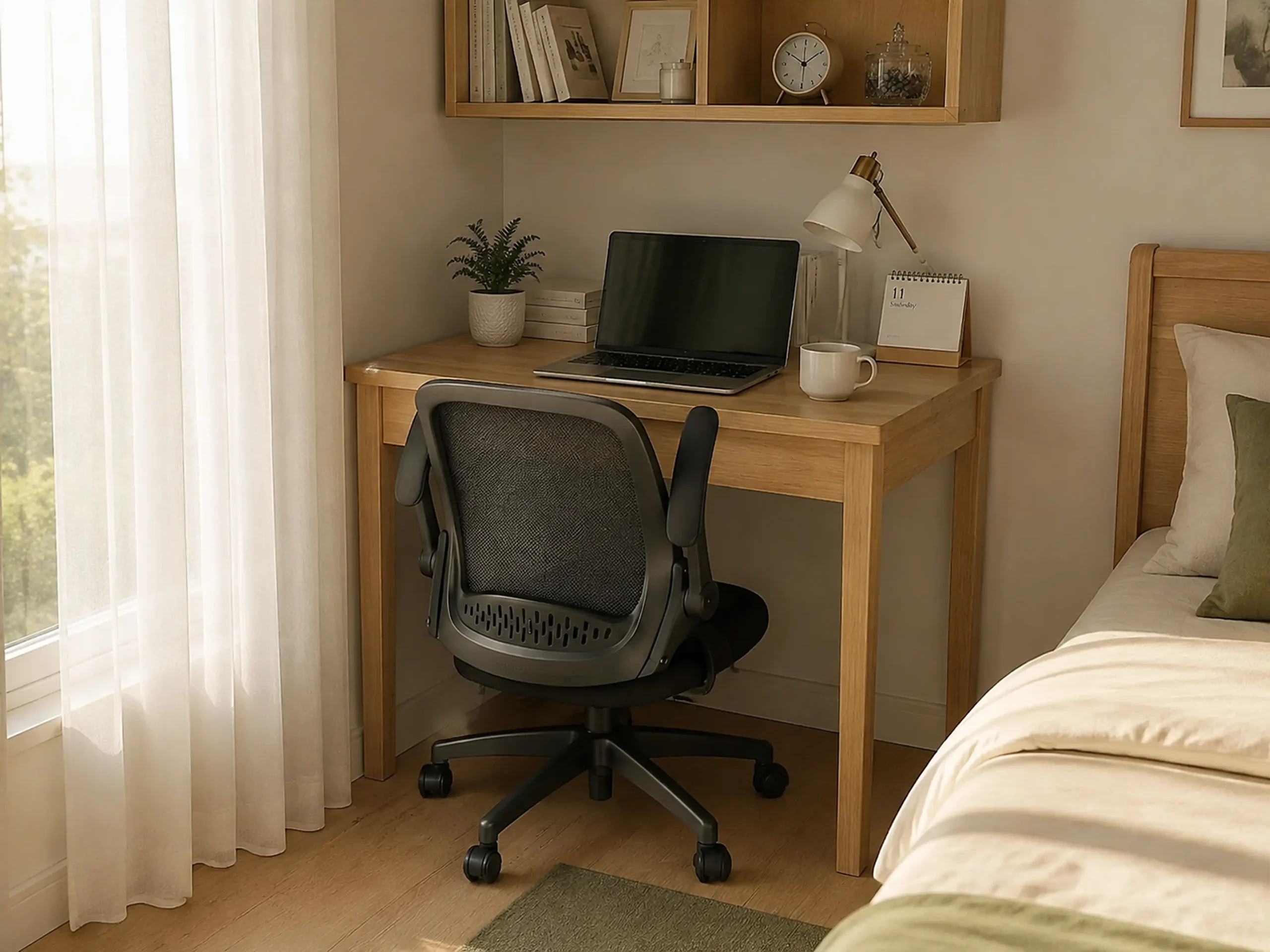 Compact mesh desk chair completely pushed under a wooden desk in a cozy room