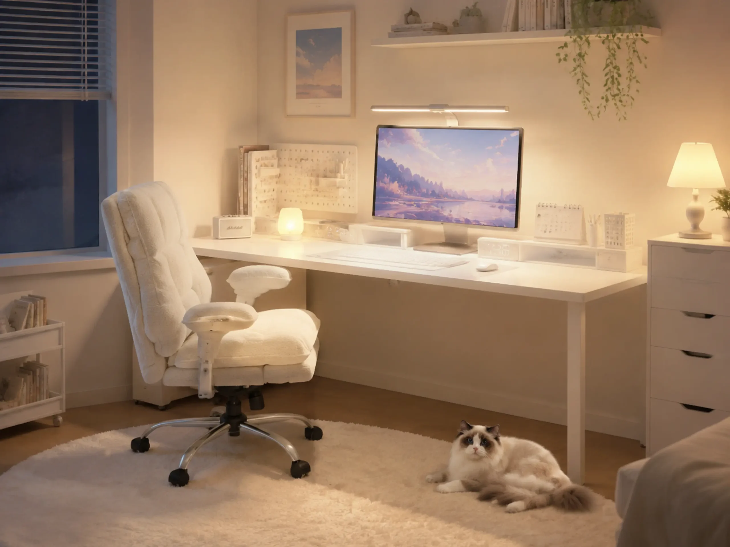 White aesthetic desk chair with flip-up arms pushed under a white desk