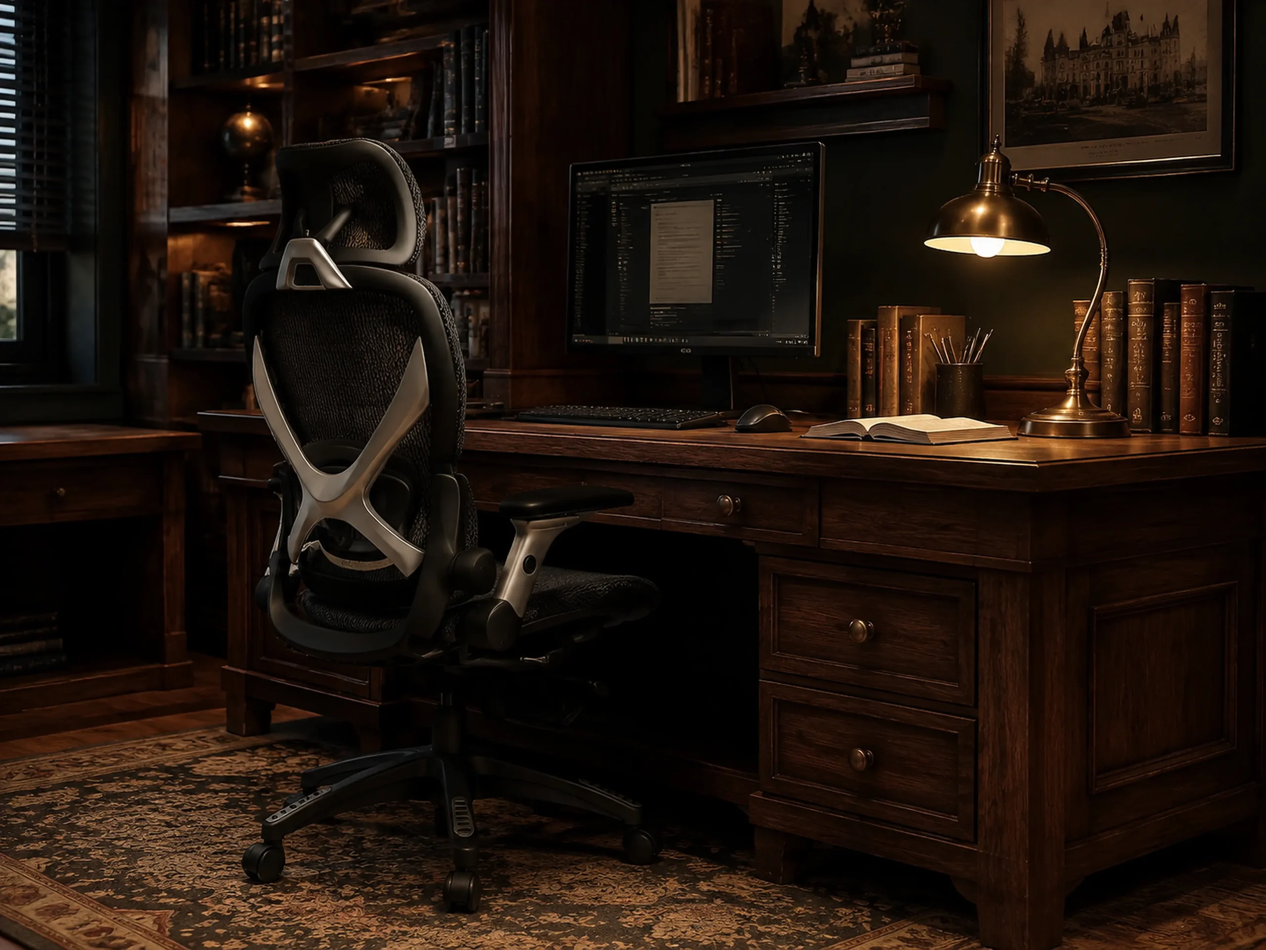 High back ergonomic chair with flip-up arms pushed under a thick walnut wood desk