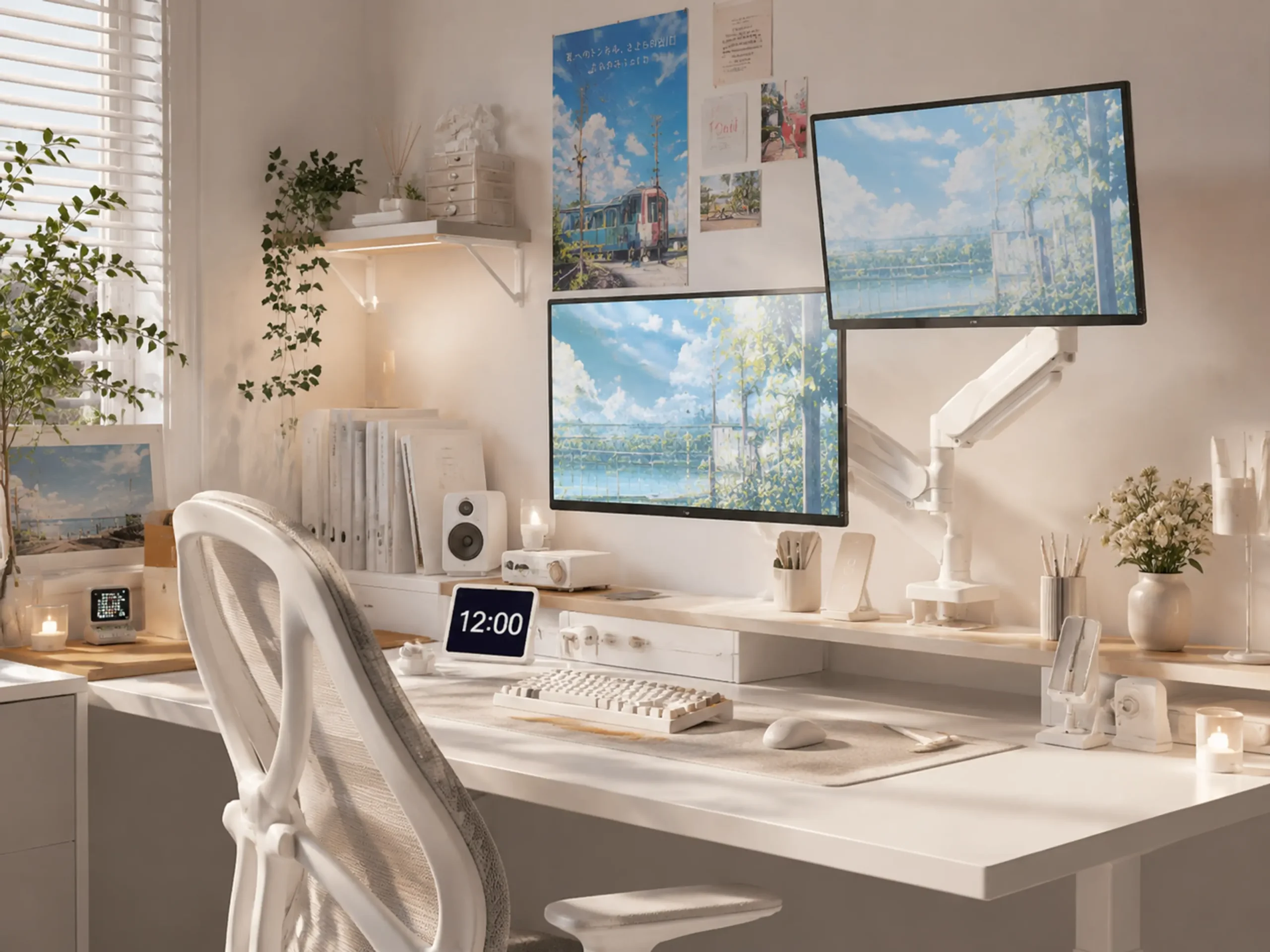 Aesthetic white minimalist desk setup with a sleek white dual monitor arm