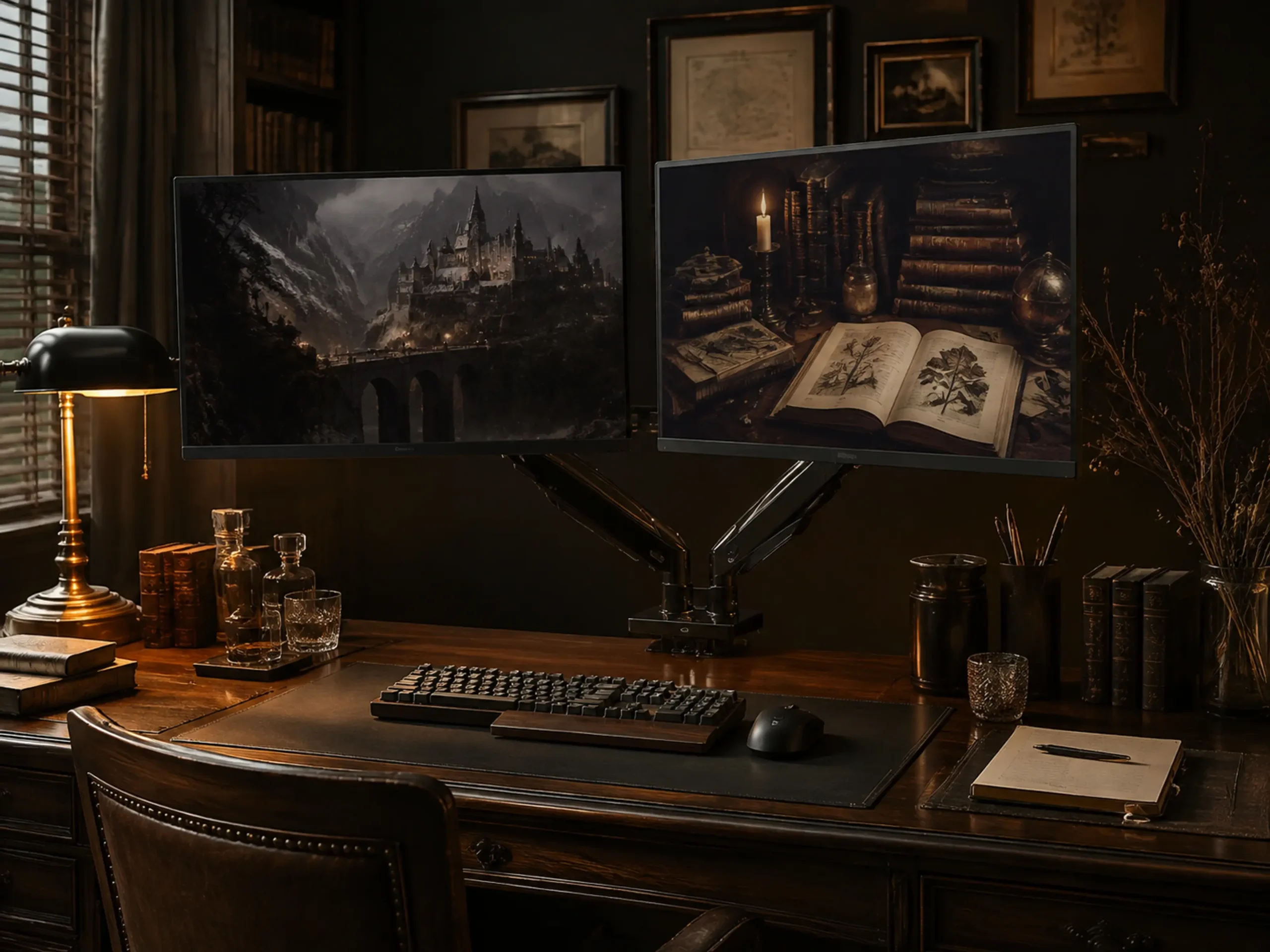 Premium dual monitor arm holding two displays above a thick walnut wood desk