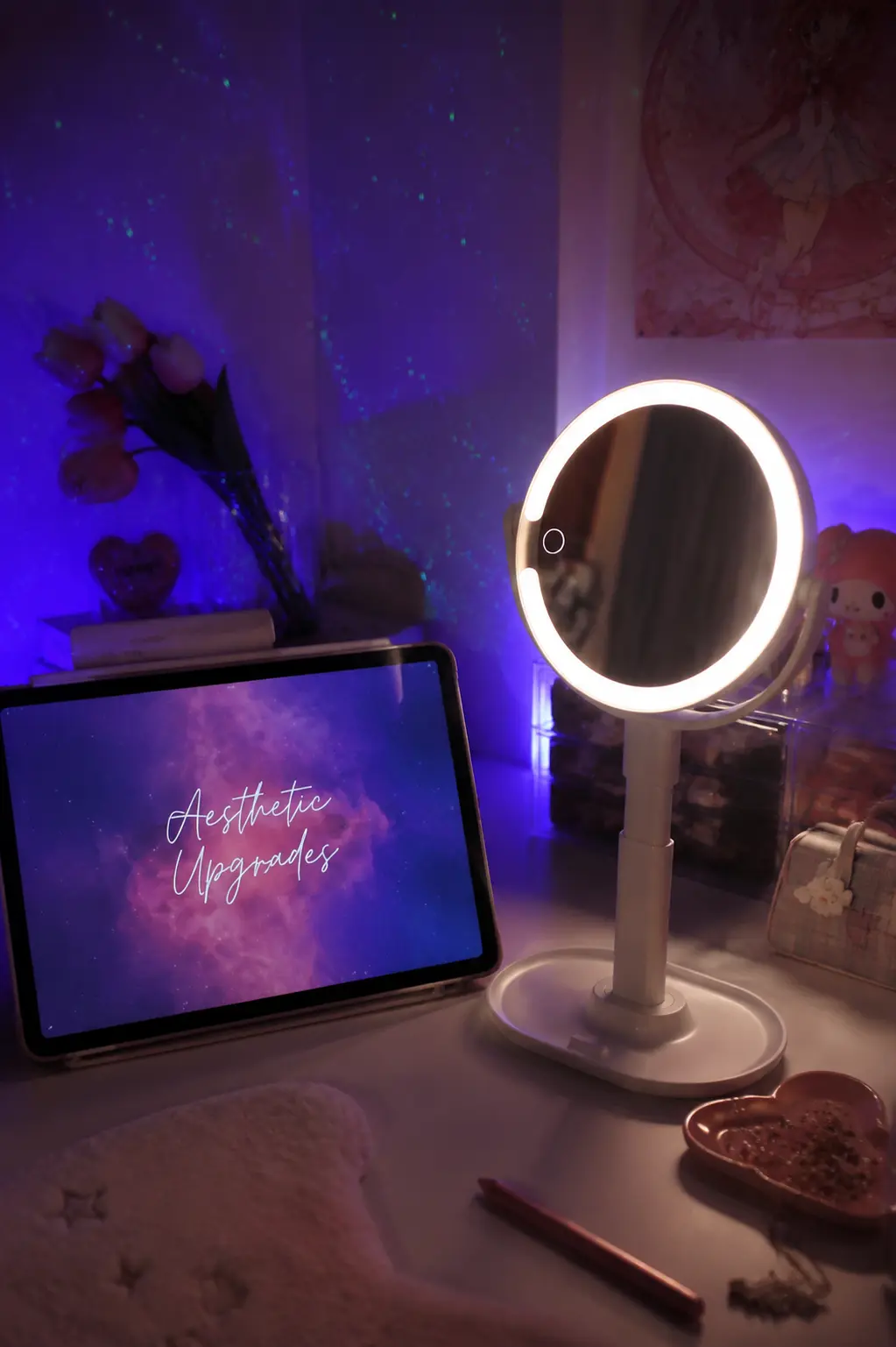 Dreamy magical girl celestial desk setup with crescent moon mirror
